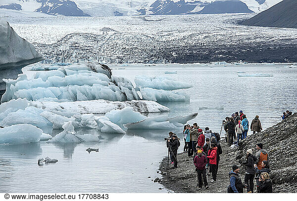 Touristen an der Gletscherflusslagune  wo gekalkte Eisberge vom Vatnajokull-Gletscher in die Lagune fallen und dort bleiben  bis sie klein genug sind  um ins Meer zu gelangen. Der Vatnajokull ist der größte Gletscher Islands auf dem Skalafellsjokull-Finger des Gletschers  Vatnajokull-Nationalpark; Island