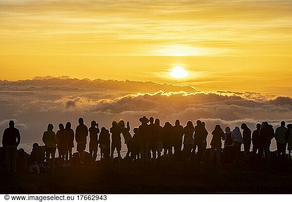 Touristen beobachten den Sonnenuntergang auf dem Gipfel des Haleakala Vulkan  Haleakala Nationalpark  Maui  Hawaii  USA  North America