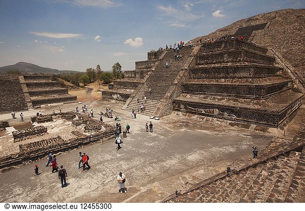 Tourists climbing up and down the Pyramid Of The Moon- Piramide de la Luna in Teotihuacan Archaeological Site  Mexico City  Mexico  Central America