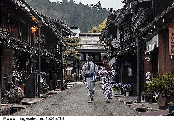 Tourists in Kimono in the Old Town  Shimosannomachi  Takayama  Gifu  Japan  Asia