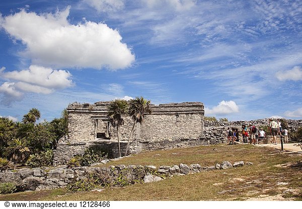 Tourists near The House Of The Cenote- La Casa Del Cenote in Tulum Ruins  Quintana Roo  Mexico  Central America