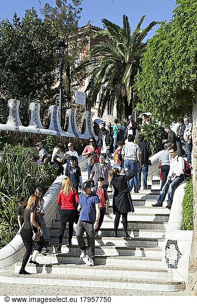 Tourists visit Güll Park in Barcelona. The park is very famous with Gaudi's mosaic works  Barcelona  Spain  Europe