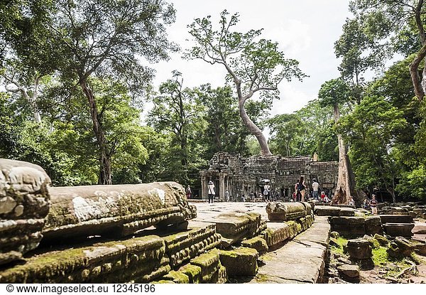 Tourists visiting ruins of Ta Prohm in Angkor compound (Siem Reap Province  Cambodia).