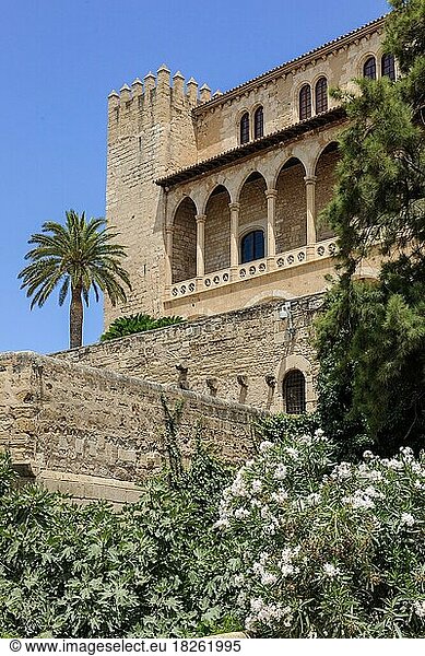 Tower and porch with arches in Andalusian style Archway of Alcázar Real Palazzo Reale dell Almudaina  Royal Palace La Almudaina  Residence of Spanish Royal Family  Palma de Majorca  Majorca  Spain  Europe
