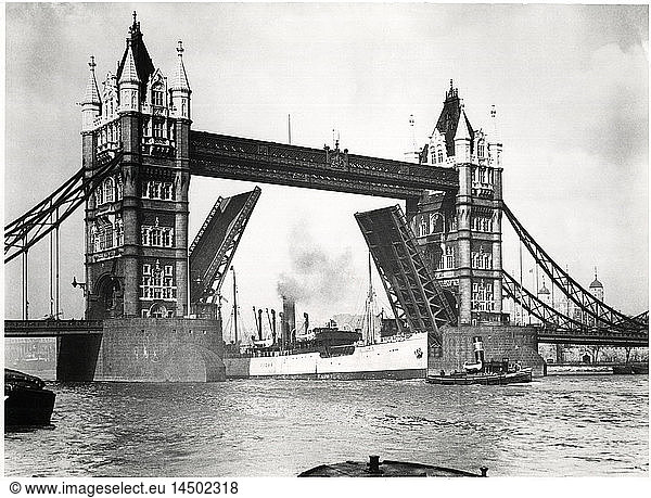 Tower Bridge with Ship Passing Though on River Thames  London  England  United Kingdom  1955