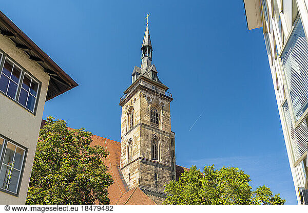 Tower of Stiftskirche under blue sky  Stuttgart  Germany