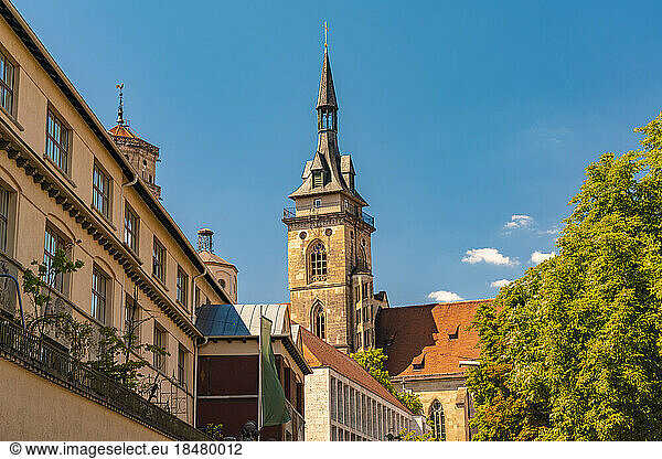 Tower of Stiftskirche under blue sky  Stuttgart  Germany