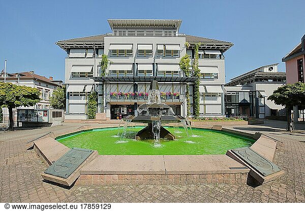 Town hall and fountain with green water at Leopoldsplatz in Eberbach  Neckar valley  Baden-Württemberg  Germany  Europe