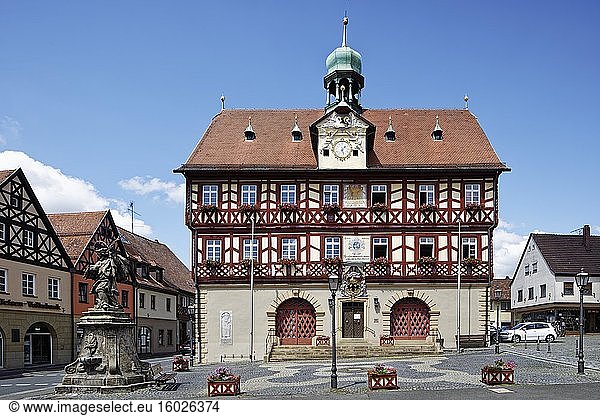 Town hall  half-timbered house  built 1687  in front of it Nepomuk fountain  Bad Staffelstein  district of Lichtenfels  Franconian Switzerland  Franconian Alp  Upper Franconia  Franconia  Bavaria  Germany  Europe