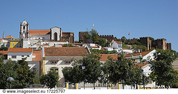 Townscape with cathedral and castle  Silves  Algarve  Portugal
