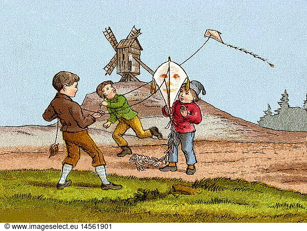 toy  kite flying  children let flying a kite  handpainted glass slide for Laterna Magica  Germany  circa 1865