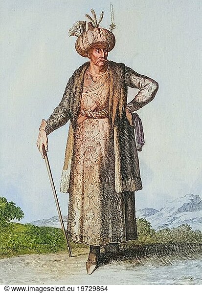 Tracht  Bekleidung  ein Fürst aus Persien im Jahre 1700  Kupferstich von Caspar Luyken von 1703  digital restaurierte Reproduktion von einer Vorlage aus dem 18. Jahrhundert