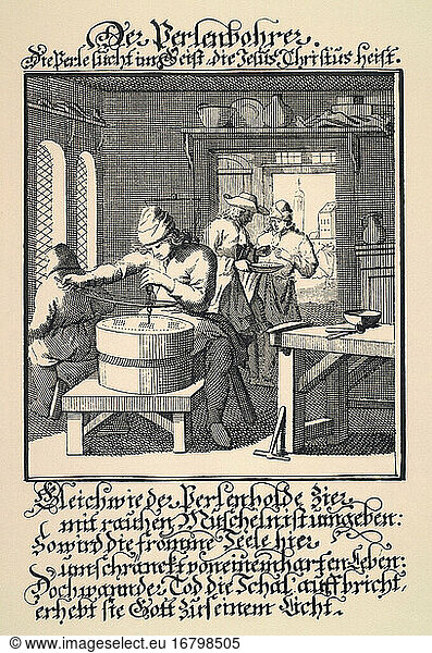 Trade and Commerce:
Goldsmithing  jewellery etc. “The Pearl Borer . Engraving by Christoph Weigel (1654–1725).
From: Abbildung und Beschreibung der gemeinnützlichen Hauptstände  Regensburg 1698.