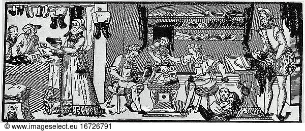 Trade and craft:
shoemaker. A shoemaker’s workshop and shop. Woodcut  late 16th century.
From a series of deptictions of different crafts.