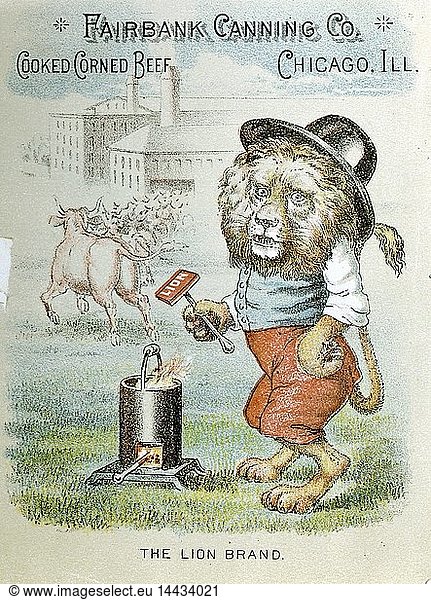 Trade card for the Fairbank Canning Company  Chicago  Illinois  c1890. Lion Brand corned beef. In background  cattle are entering abattoir and canning factory. Chromolithograph.