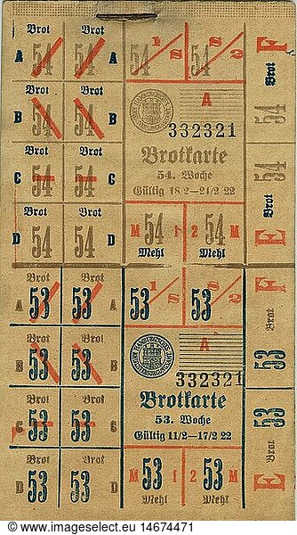 trade  food  Germany  the time of the Weimarer Republic  Hamburg  food ration card for bread  the German Reich  rationing  providing  misery  poverty  plight  household  housekeeping  food  postwar era  in the twenties of the twentieth century  Weimar Republic  historic  historical  clipping  cut out  cut-out  cut-outs  20th century  1920s