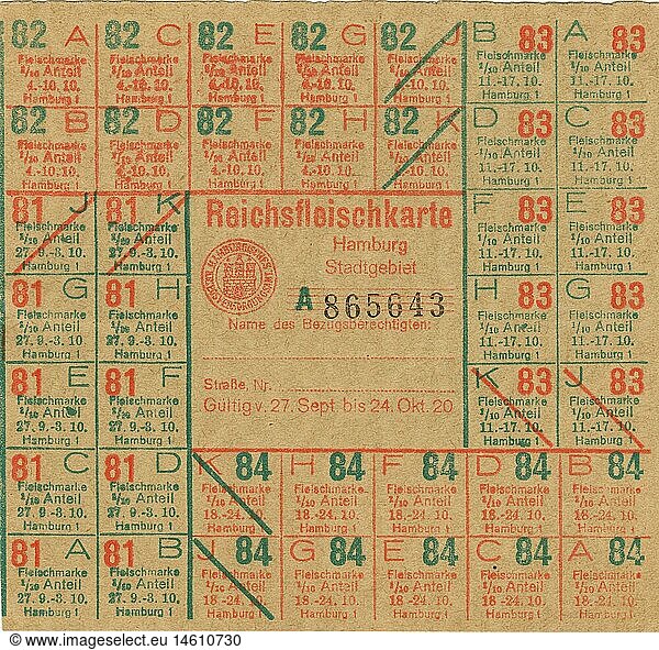trade  food  Germany  the time of the Weimarer Republic  Hamburg  food ration card for meat  valid 27.09. to 24.10.1920 the German Reich  food ration cards  rationing  providing  poverty  plight  misery  economy  in the twenties of the twentieth century  historic  historical  clipping  cut out  cut-out  cut-outs  20th century  1920s