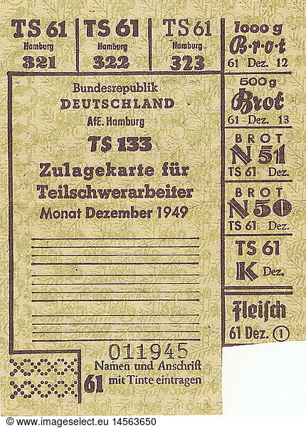trade  food ration card (allowance card) for part-time heavy labourer  Hamburg  West Germany  valid in December 1949 popstwar era  post war period  food ration cards  rationing  providing  poverty  plight  misery  economy  in the forties of the twentieth century historic  historical  clipping  cut out  cut-out  cut-outs  20th century  1940s