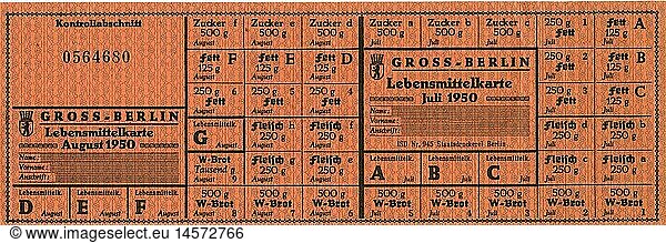 trade  food ration card  Berlin  Germany  valid in July and August 1950 Germany  postwar era  food  rationing  misery  poverty  plight  household  housekeeping  economy  history  in the fifties of the twentieth century. historic  historical  clipping  cut out  cut-out  cut-outs  20th century  1950s