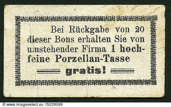 trade  Germany  Hamburg  Schnelsen  coupon to collect someting  in this case a cup of porcellain  from the colonial product business W. Brath  front side  siz 6 cm x 3 5 cm  around 1900-1920.