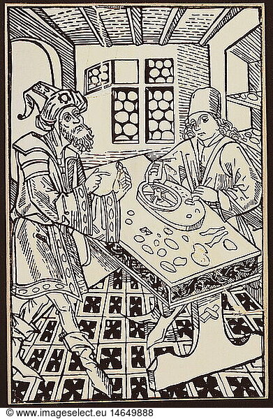 trade  merchants  oriental gem merchant and stone cutter  woodcut  Germany  circa 1490