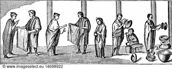 trade  merchants  Roman cloth merchants and coppersmith  after ancient picture  wood engraving  19th century  ancient world  ancient times  graphic  graphics  Rome  profession  professions  merchant  merchants  sale  sales  selling  sell  buyer  active buyers  customer  customers  purchasing  purchase  buy  buying  textiles  textile  fabric  fabrics  cloth  cloths  handicraft  handcraft  craft  craftsman  craftsmen  coppersmith  coppersmiths  brazier  braziers  blacksmith  smith  vessel  vessels  half length  standing  historic  historical  people  ancient world _NOT