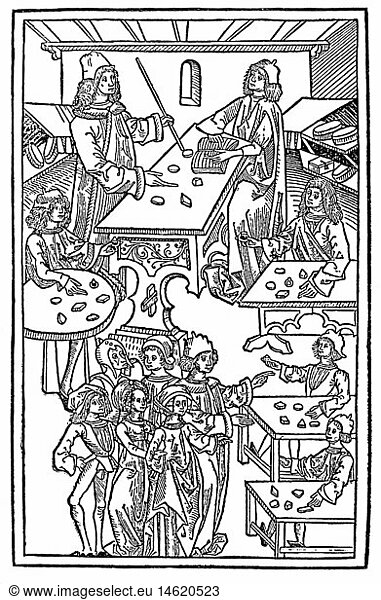 trade  merchants  upper class citizens visiting goldsmiths and jewellers  woodcut  from: 'Hortus sanitatis'  Mainz  1491