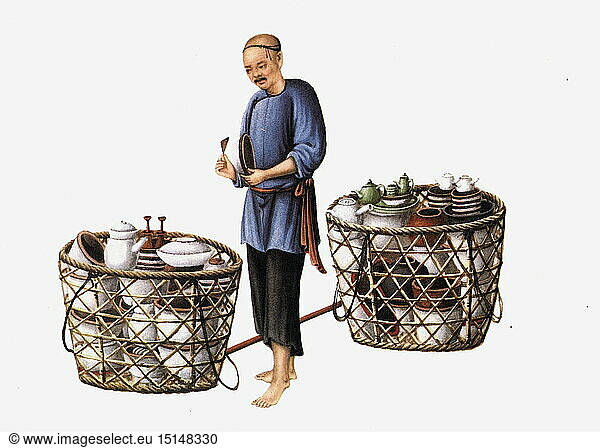 trade  salesman  Chinese street hawker with tea service  after watercolour  19th century  Manchu Dynasty  Qing Dynasty  Qing  carrier  carriers  basket  baskets  tea  dishes  dish  tableware  homewares  household supply  goods  porcelain  china  chinaware  people  China  Chinese empire  salesman  salesmen  watercolour  watercolor  historic  historical