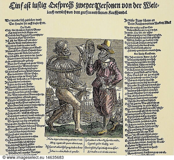 trade  satire  caricature on trade practices  woodcut  coloured  Nuremberg  Germany  second half of the 17th century  historic  historical  humour  merchant  trader  naked  cage  basket  hobby horse  mirror  talking  merchants  traders  sarcasm  customs  people