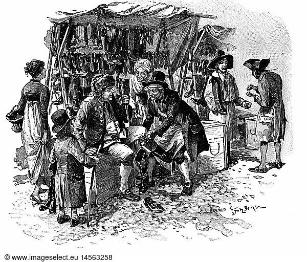 trade  trade fairs  shoemaker at the Leipzig Trade Fair  1797  by Fritz Bergen (1857 - 1941)  wood engraving  from: 'Die Gartenlaube'  number 26  Leipzig  1897