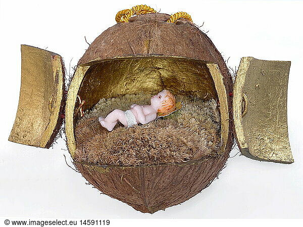 tradition / folklore  Germany  hollowed out coconut with Christ Child doll  kitsch  kitschy  Jesus  Christmas decoration  clipping  cut out  1920s  20s  20th century  historic  historical  baby  cut-out  cut-outs  people  1930s
