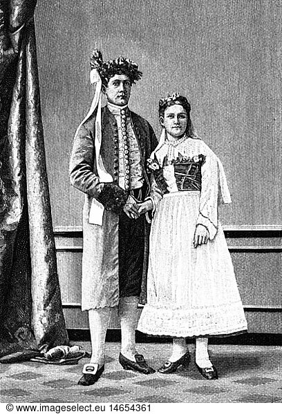 tradition / folklore  Halloren  Halle an der Saale  bridal couple in traditional costumes  wood engraving  late 19th century  19th century  graphic  graphics  Germany  Prussia  Saxony-Anhalt  Saxony Anhalt  Saxonia-Anhalt  Saxonia Anhalt  brotherhood of the salt-panners  salt  salts  salt worke  salt workers  marriage  Bras  clothes  outfit  outfits  traditional costume  national costume  traditional costumes  national costumes  wreath  chaplet  wreaths  chaplets  jacket  jackets  knee breeches  dress  dresses  full length  standing  custom  customs  tradition  traditions  bride  brides  bride groom  bridegroom  bridal couple  bridal couples  historic  historical  woman  women  female  man  men  male  people