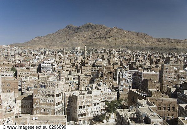 Tradition Gebäude Großstadt Ziegelstein groß großes großer große großen Ansicht bauen Naher Osten UNESCO-Welterbe alt Jemen