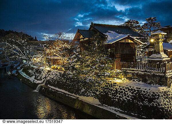 traditional building by the river in Takayama