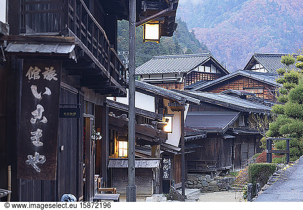 Traditional buildings on Nakasendo Way  Tsumago  Gifu Prefecture  Honshu  Japan  Asia