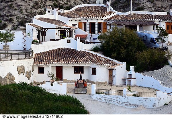 Traditional cavehouses in the city of Galera near Baza  unspoilt cave country in mountainous region of northern Andalusia  between the Sierra Nevada and the Sierra de Castril  Altiplano region of Granada  Granada High Plains  Galera  municipality Huéscar  province of Granada  Andalusia  Spain  Europe