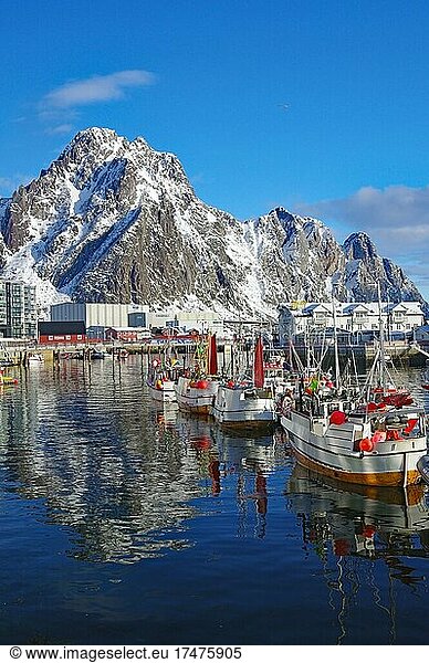 Traditional fishing boats in Svolvaer harbour  snow-capped mountains in winter  Nordland  Lofoten  Scandinavia  Norway  Europe