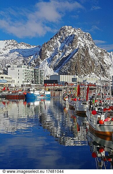 Traditional fishing boats in Svolvaer harbour  snow-capped mountains in winter  Nordland  Lofoten  Scandinavia  Norway  Europe