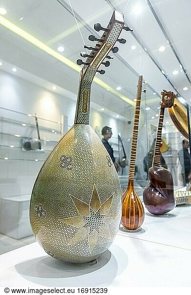 Traditional Iranian lute-type  stringed instruments called Oud in Museum of Music  homage to Iran's musical traditions in Isfahan  Iran.