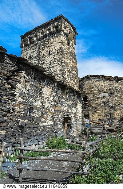 Traditional medieval Svanetian tower houses Ushguli village Svaneti region Georgia Caucasus Middle East Asia Unesco World Heritage Site.