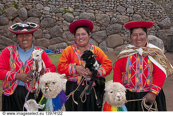Traditional Peruvian Women with llamas