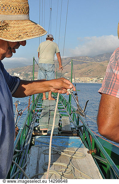 Traditional swordfish fishing  Fishingboat ''Fulua''  Harpoon  Torre Faro  Stretto di Messina  Messina  Sicily  Italy  Europe