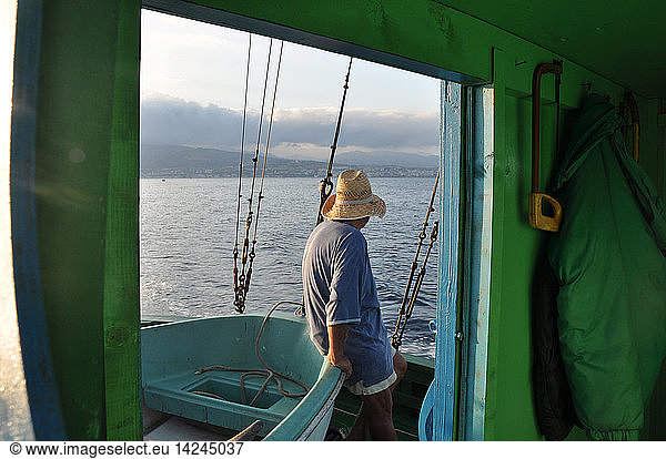 Traditional swordfish fishing  Fishingboat ''Fulua''  Torre Faro  Stretto di Messina  Messina  Sicily  Italy  Europe