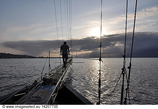 Traditional swordfish fishing  Sunrice  Fishingboat ''Fulua''  Torre Faro  Stretto di Messina  Messina  Sicily  Italy  Europe