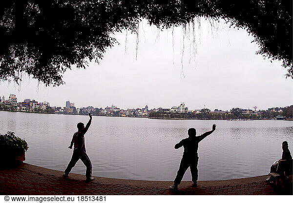 Traditional Tai Chi Exercise Early Morning Hanoi Truc Bach Lake Vietnam