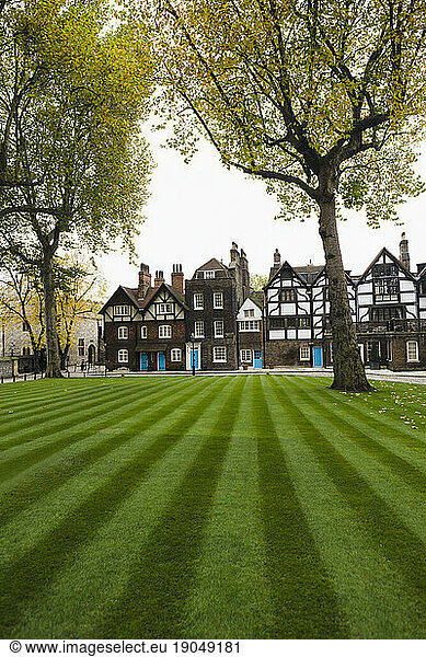 Traditional townhouses across lawn