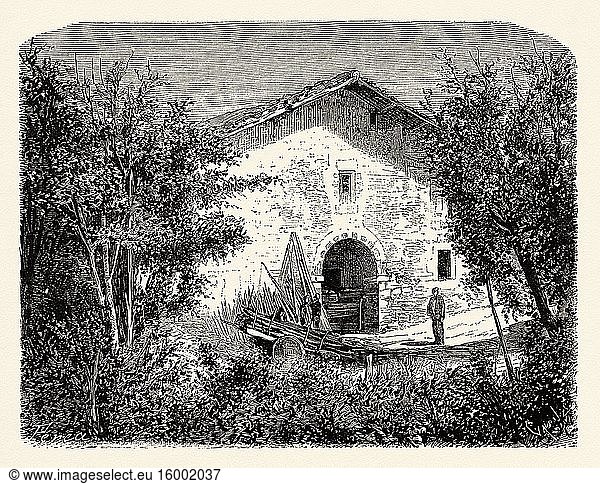 Traditional typical Caserio  Basque farm house Biskaia Basque region of Northern Spain  Europe. Old 19th century engraved illustration  El Mundo en la Mano 1878.