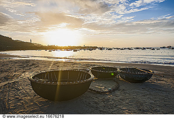 traditional Vietnamese basket rowing boats at the beach in Da Nang