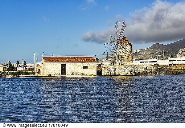 Traditional windmill for salt production  Mulino Maria Stella  Trapani  Salt Road  Sicily  Italy  Europe