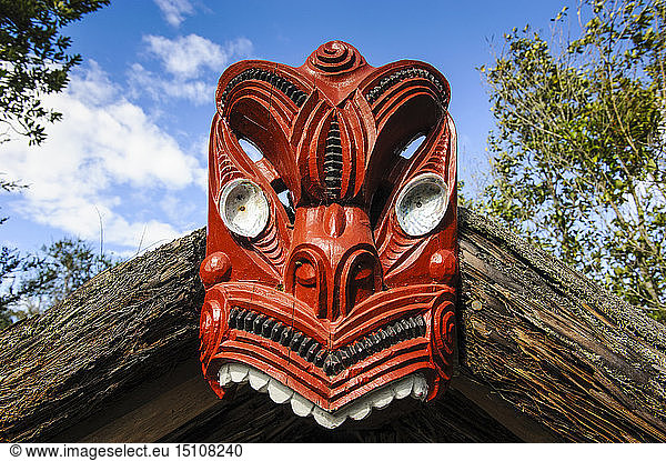 Traditional wood carved mask in the Te Puia Maori Cultural Center  Rotorua  North Island  New Zealand